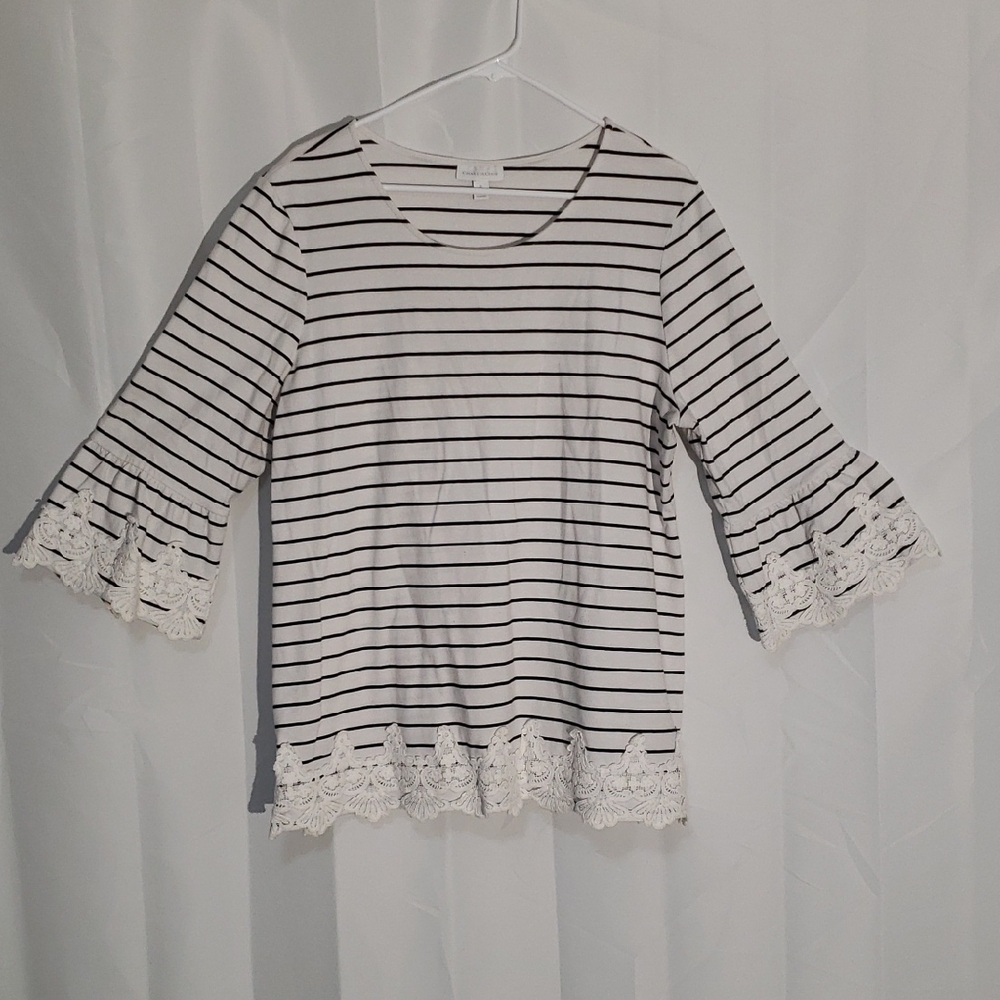 Women's Parisian Striped Lace-Trim 3/4 Bell Sleeve Top - White/Black XL  Cotton